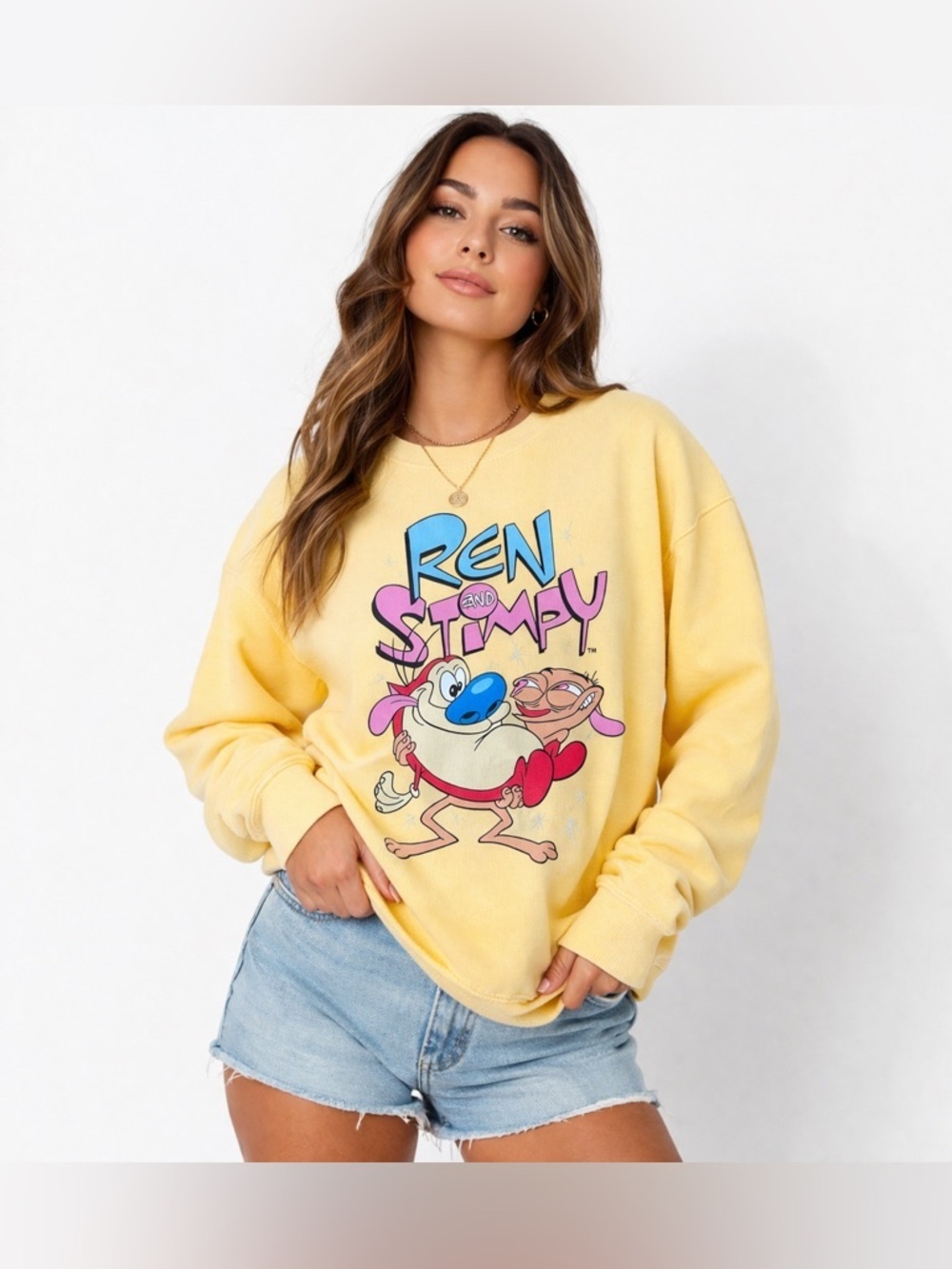 Nickelodeon Ren and Stimpy Yellow Graphic Sweatshirt Retro Cartoon Pullover S